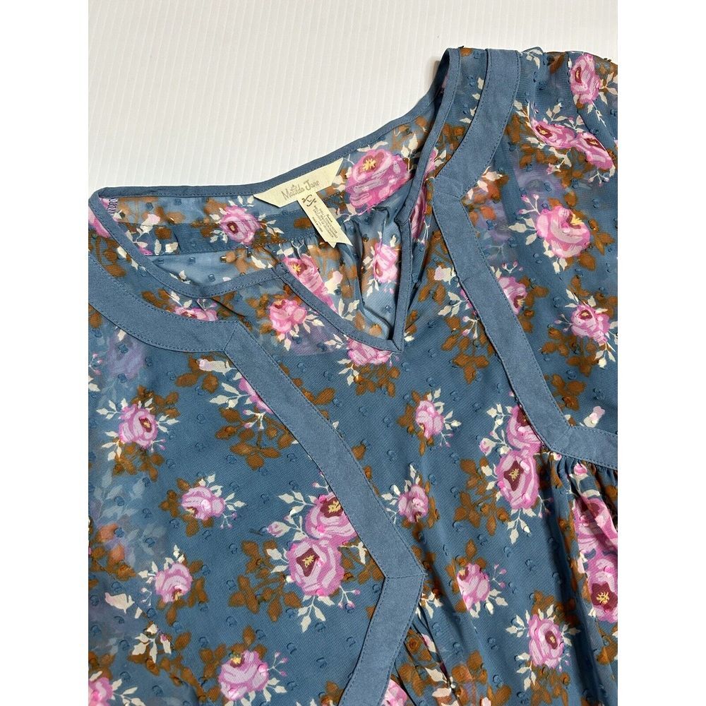 Matilda Jane L To The Nines Swiss Dot Dress Blue Pink Floral Layered Semi Sheer
